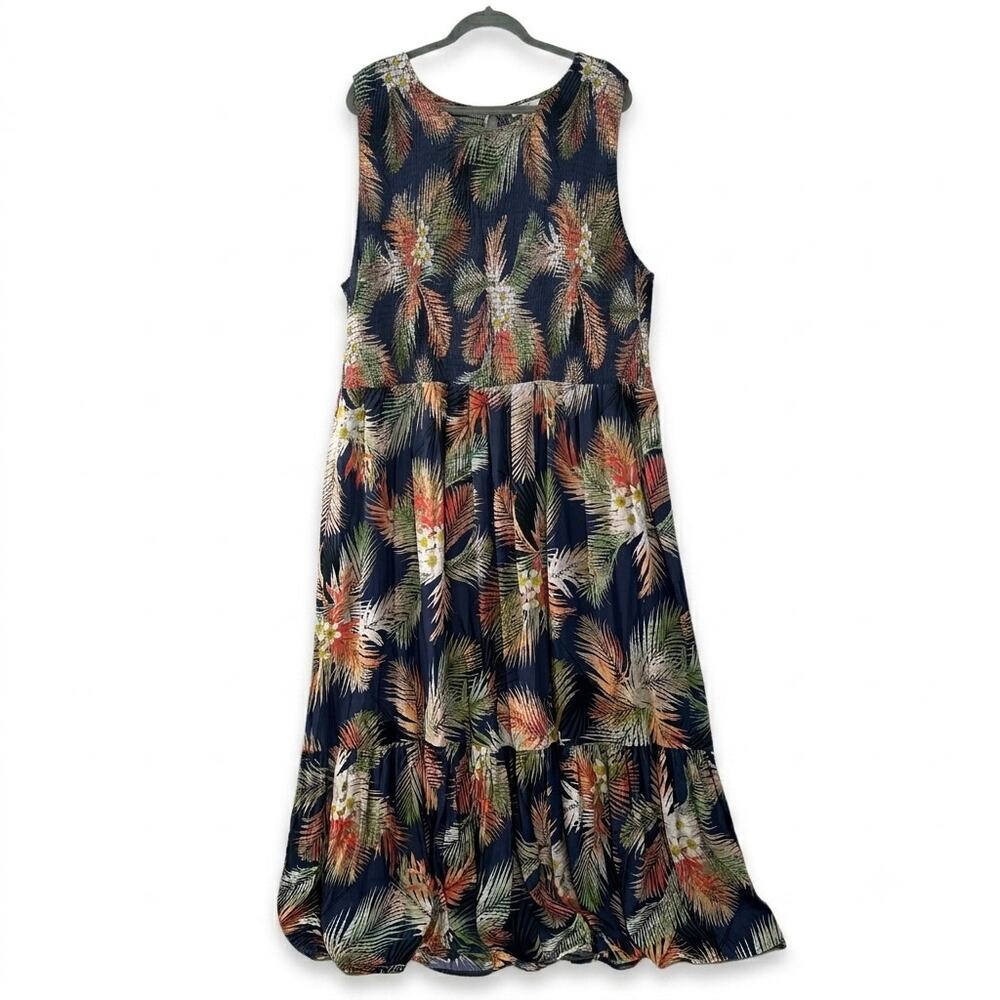 Terra & Sky Tropical Palm Maxi Dress Size 3X 24 / 26 Navy Orange Sleeveless